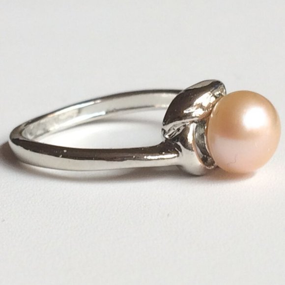 Peach Pearl Ring Solitaire Dainty Size 5 6 7 Vintage Cultured Silver Plated - Picture 5 of 10
